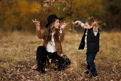 Bay Area Fall Family Photography | Mother and Son Playing in Leaves