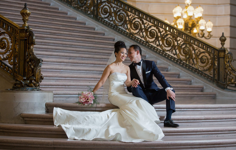 romantic Moment: Bride & Groom on Grand Staircase