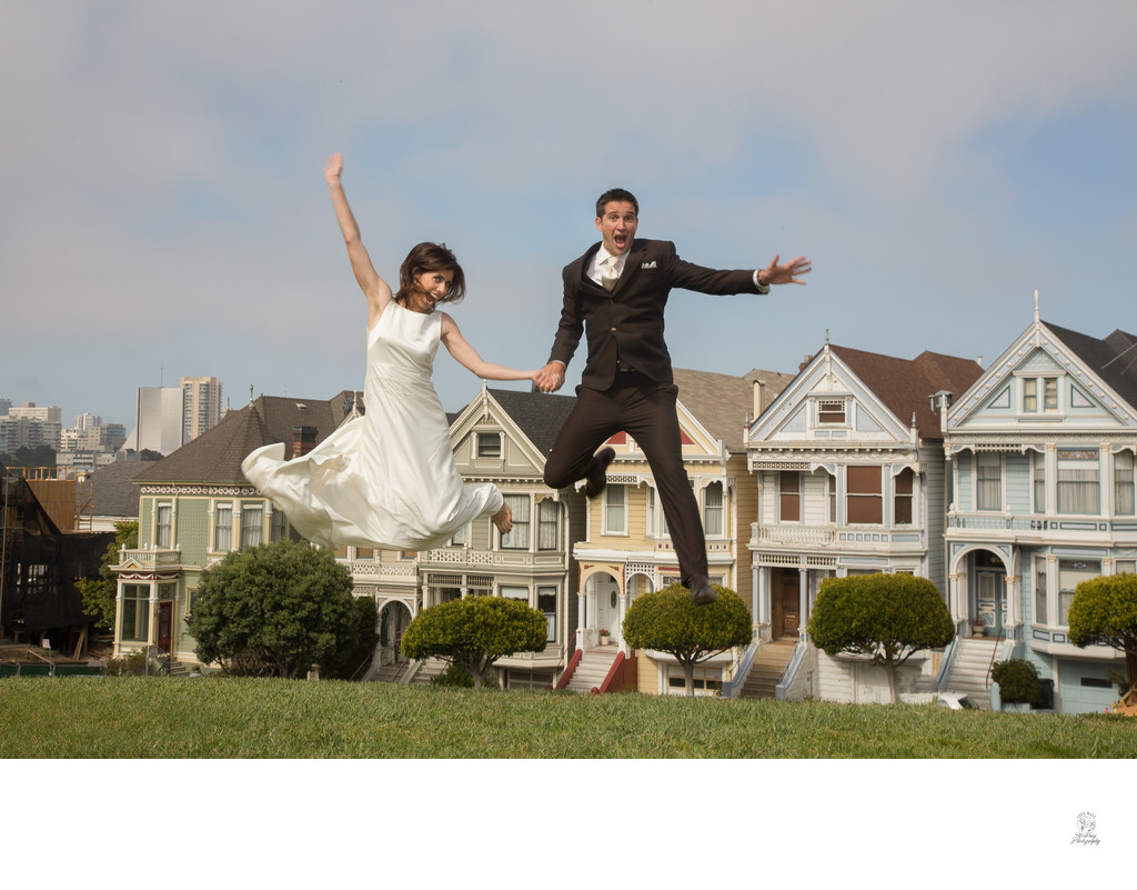 Joyful Wedding Leap at San Francisco's Painted Ladies