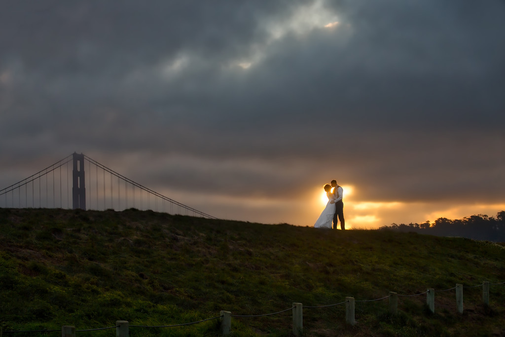 Romantic Sunset Kiss with Golden Gate Backdrop - Ken Mendoza, SF Wedding Photographer