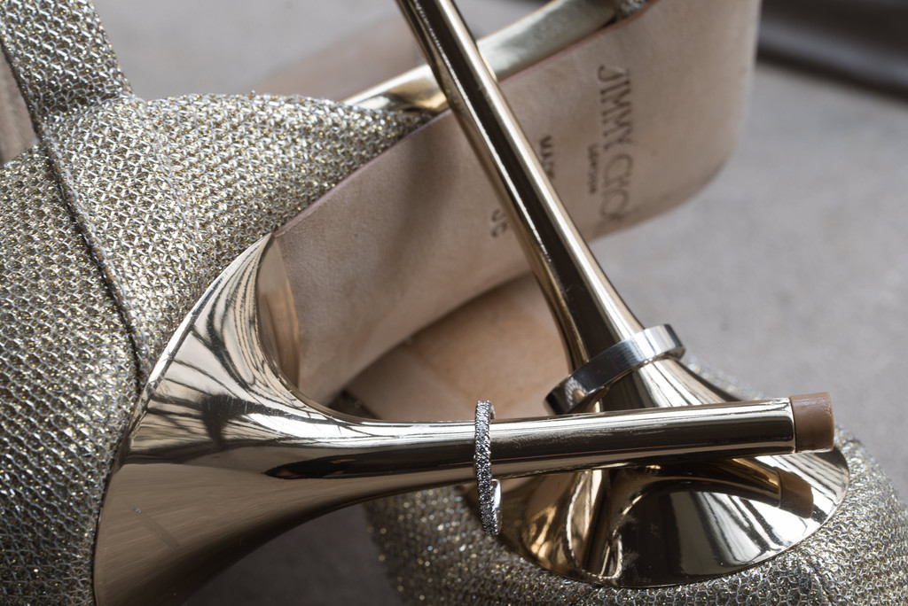 Gold Jimmy Choo Heels with Diamond Ring Close-Up