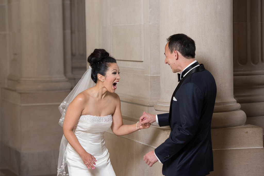 Joyful Bride and Groom first look -Weekend SF City Hall