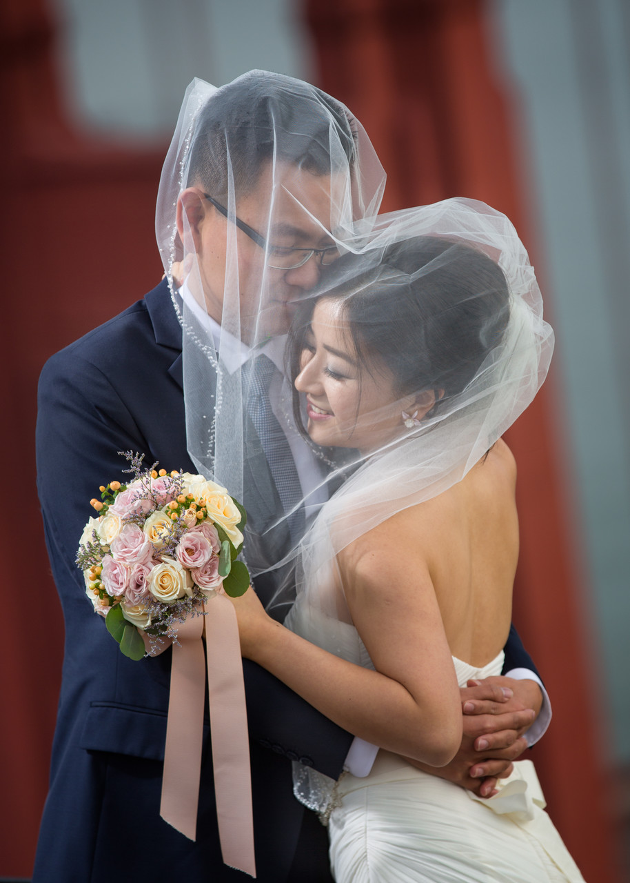 Bride and Groom Embrace at Golden Gate Bridge 