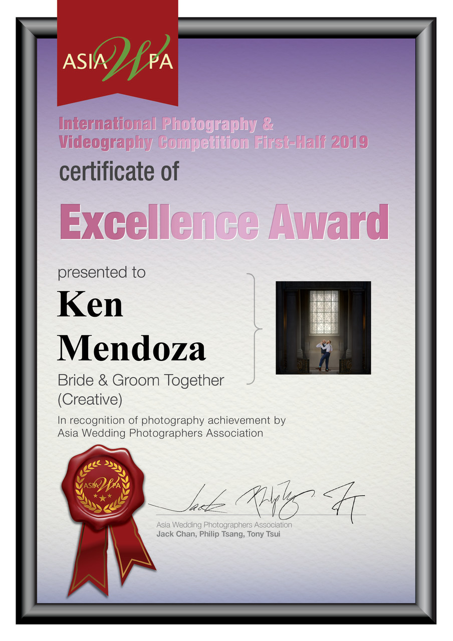 A certificate of excellence for ken mendoza. AsiaWPA