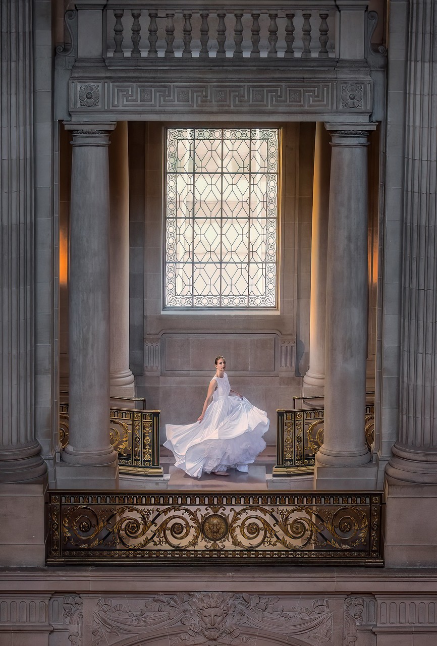 Elegant Bride in White Gown on  2nd FLoor Near Mayor's Balcony