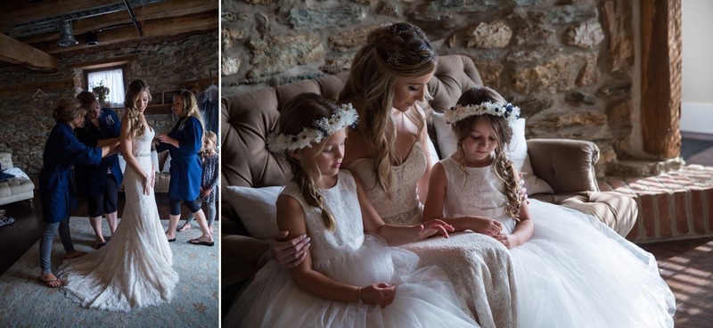 Bride and flower girls in wedding getting ready room