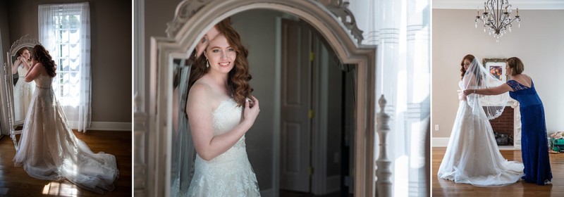 Bride getting into dress in bridal suite