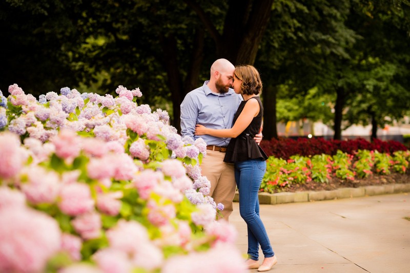 University of Pittsburgh Cathedral Hydrangea Flowers Engagement Photos