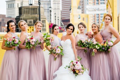 Bridesmaids Wedding Picture on Yellow Pittsburgh Bridge