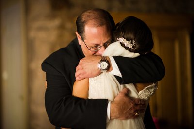Bride and Dad Hugging at Holly Hedge Wedding