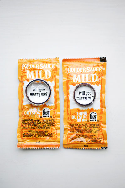 Wedding Details - Wedding rings on Taco Bell Hot Sauce