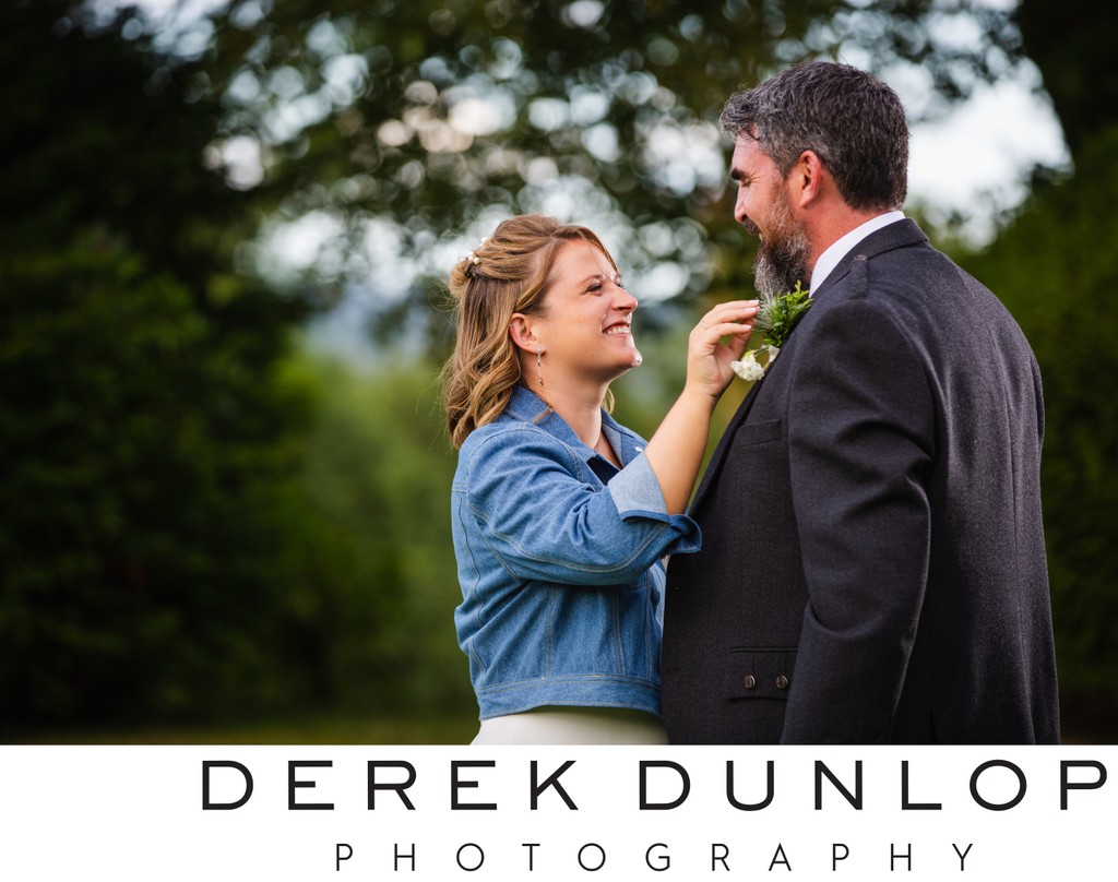 Denim jacket bride buttonhole moment