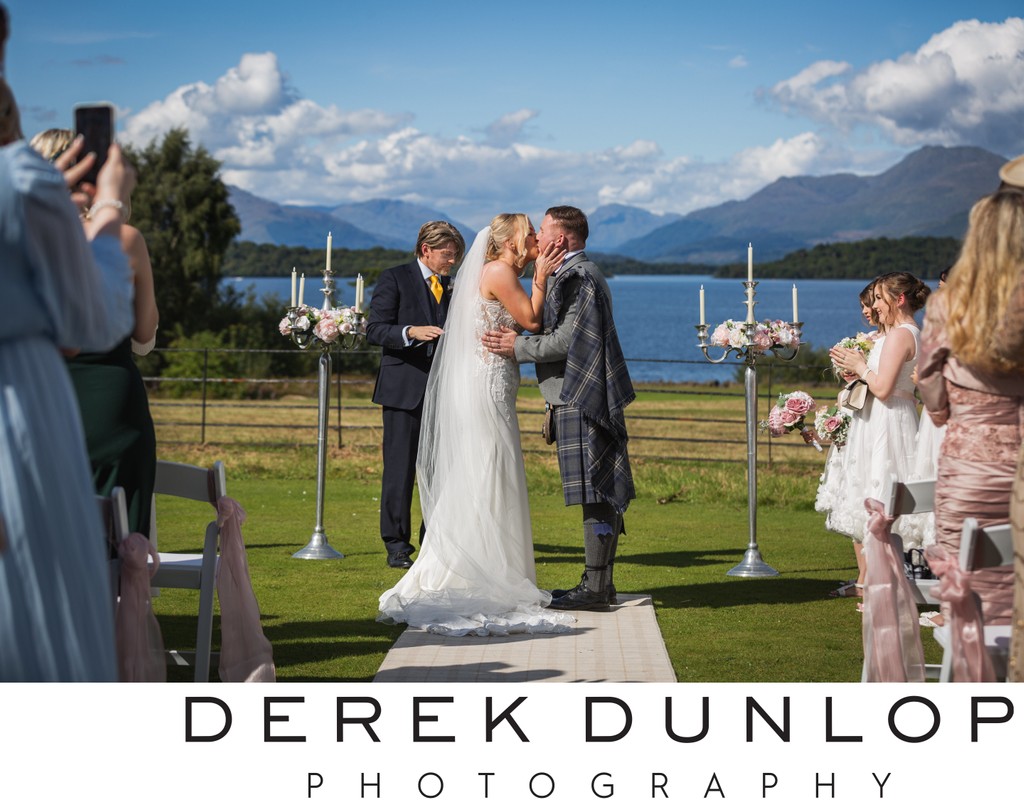 First kiss Loch Lomond wedding ceremony