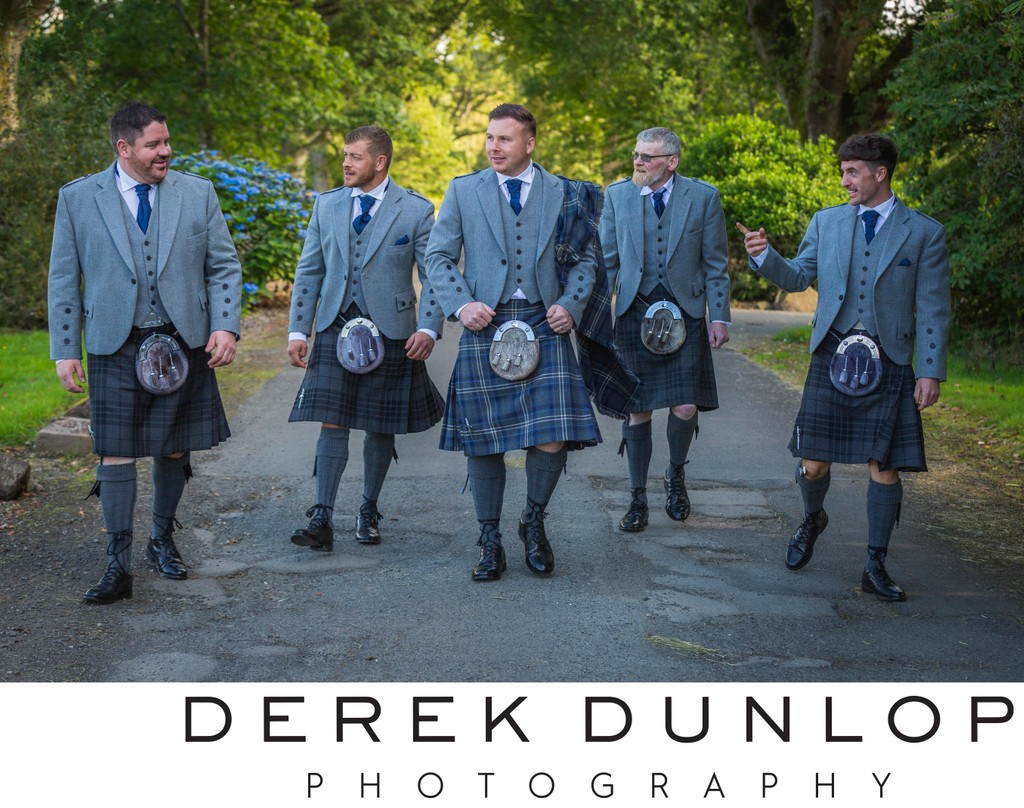 Groomsmen kilts walking Ross Priory