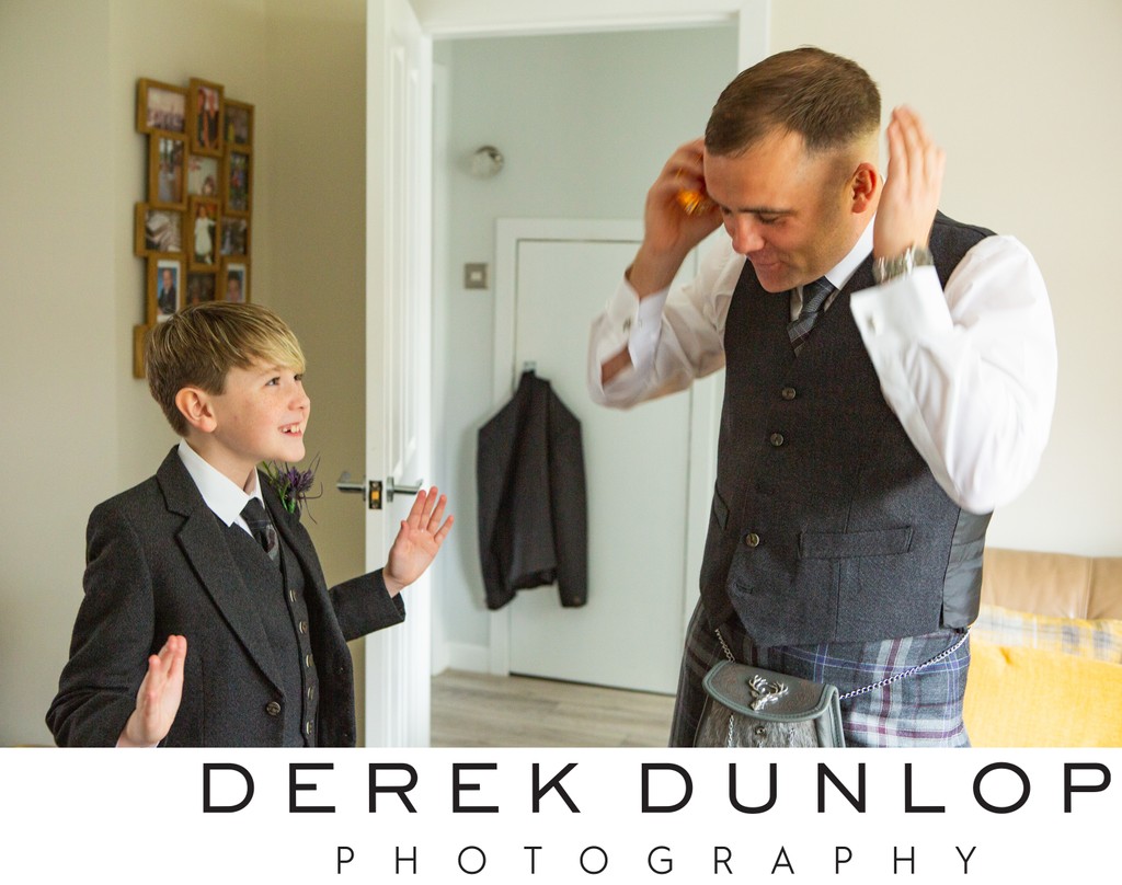 Groom and pageboy fun prep before going to Brig o Doon