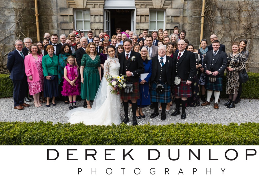 Full wedding group Pollok House steps