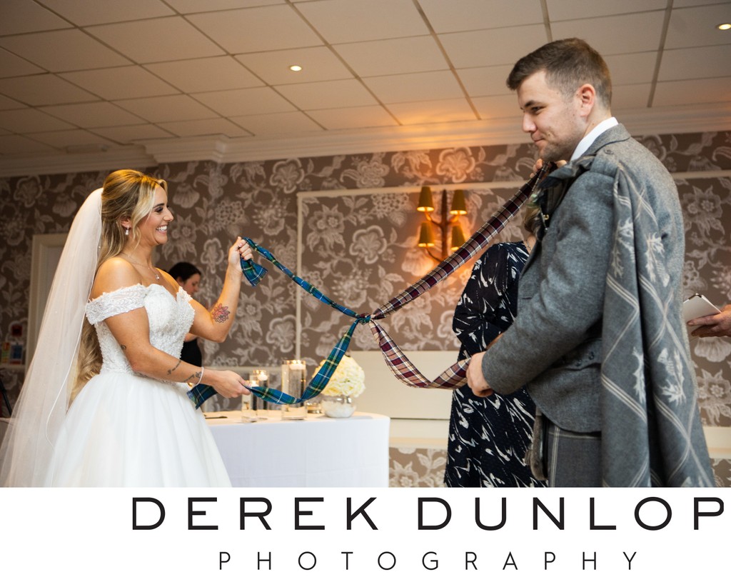Couple tartan detail Marine Troon wedding