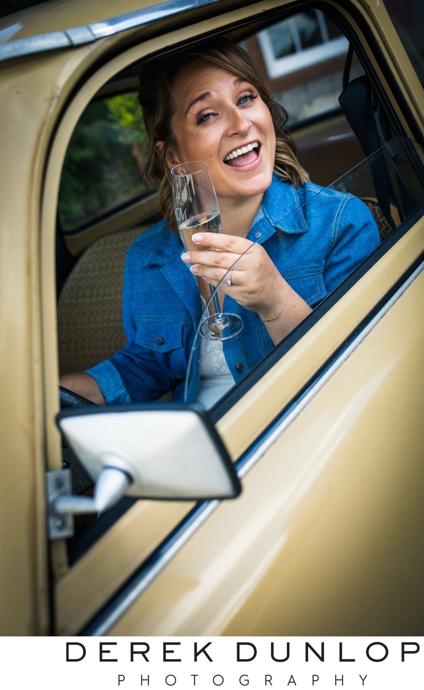 Bride vintage car laugh Mabie House