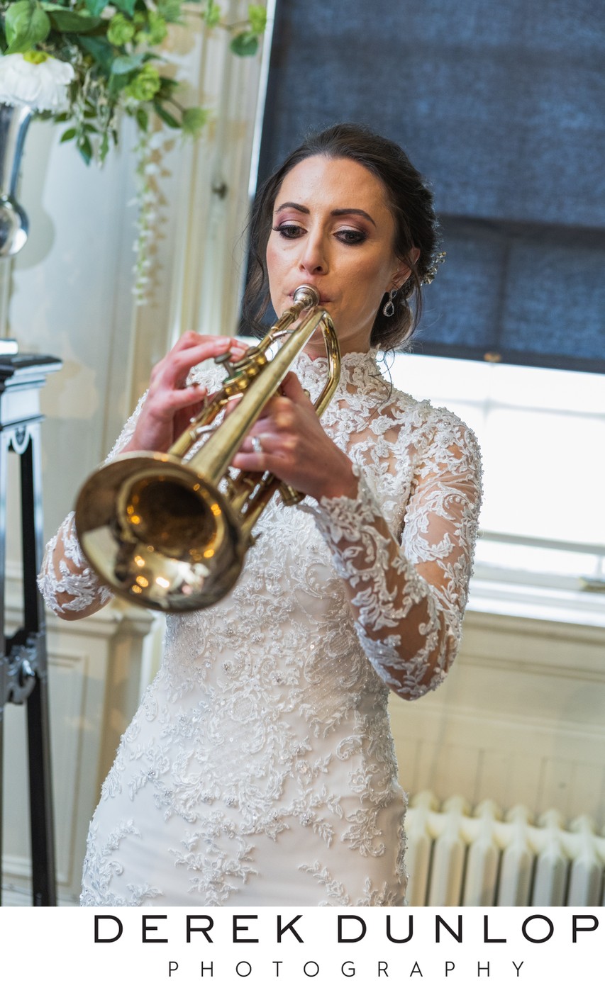 Bride Playing Trumpet at Pollok House Wedding