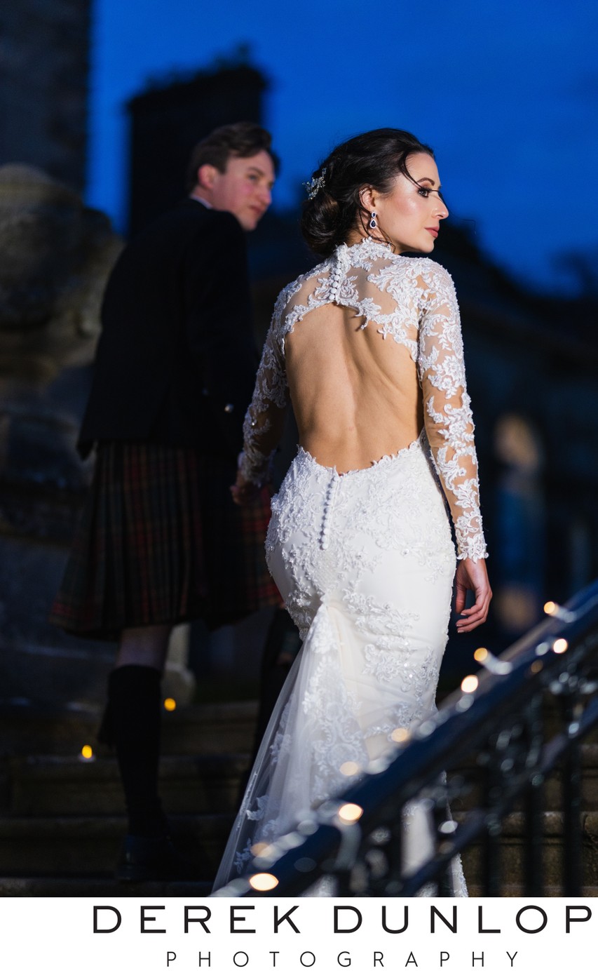 Blue hour bride portrait Pollok House
