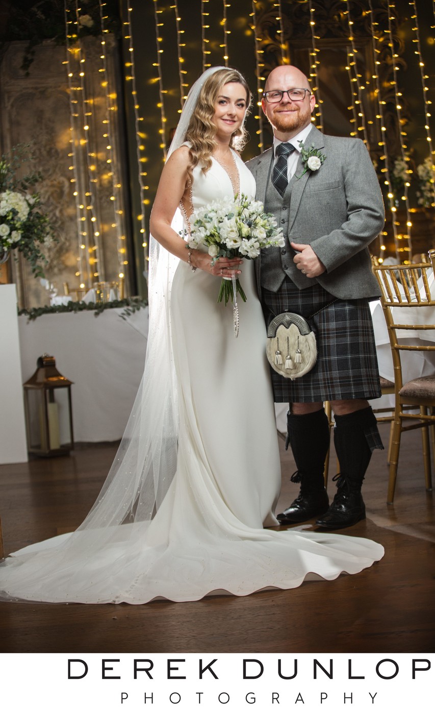Wedding portrait Enterkine House Ayrshire fairy lights