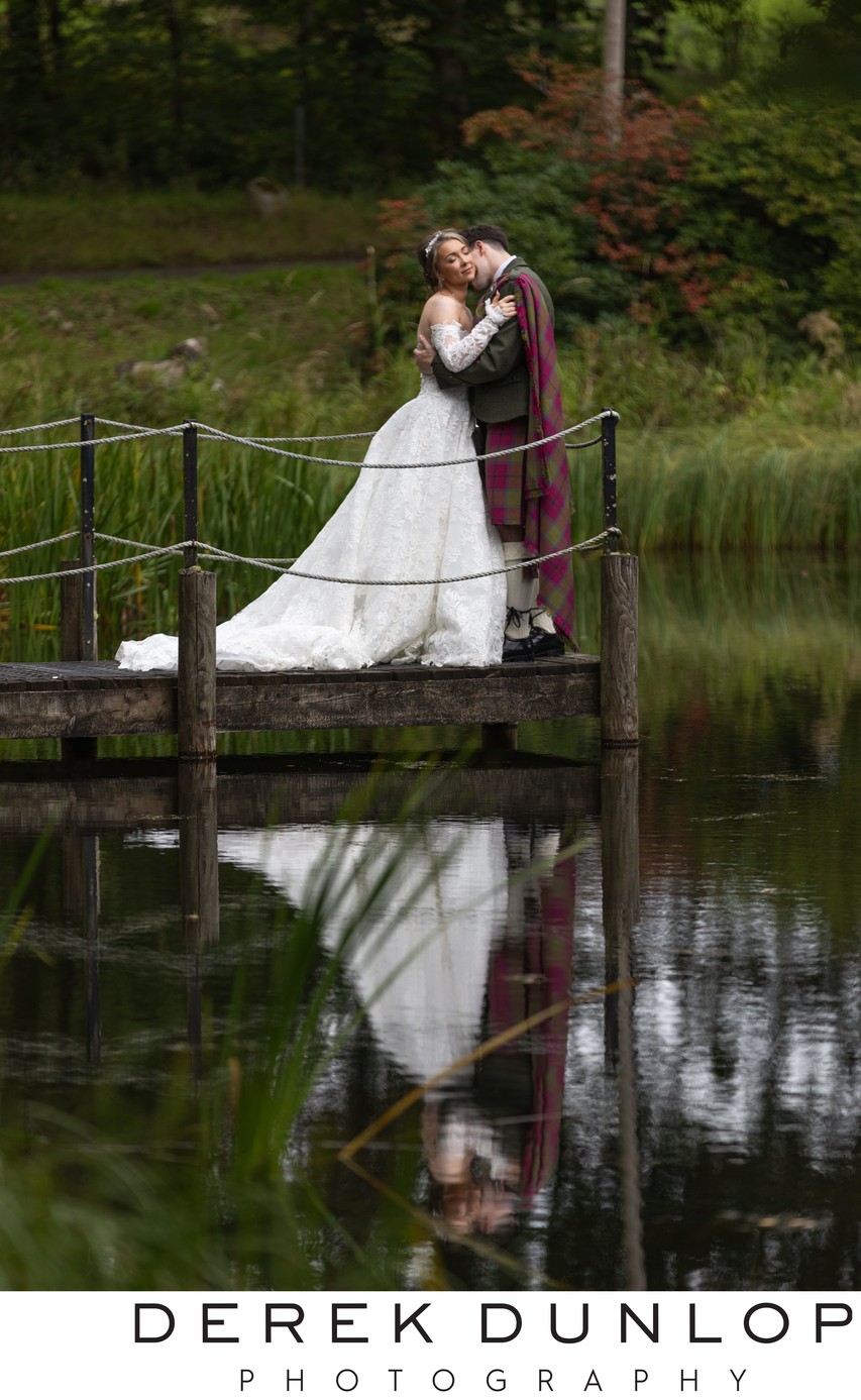 Bride groom jetty loch reflection Blairquhan Castle