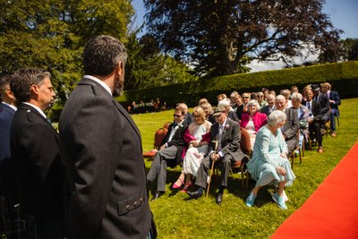 Outdoor ceremony red carpet Mabie House