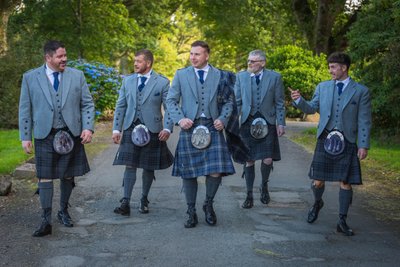 Groomsmen kilts walking Ross Priory