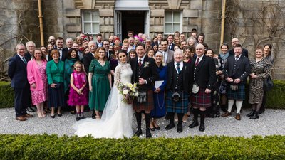 Full wedding group Pollok House steps