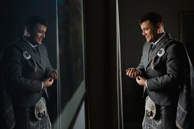 Groom mirror reflection kilt Marine Troon