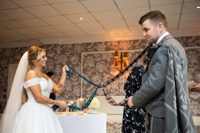 Couple tartan detail Marine Troon wedding