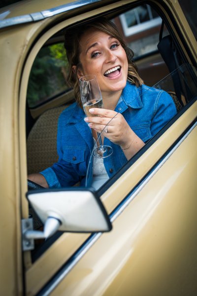 Bride vintage car laugh Mabie House