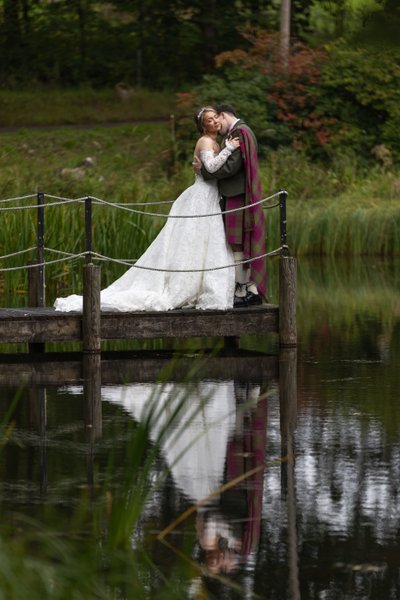Bride groom jetty loch reflection Blairquhan Castle