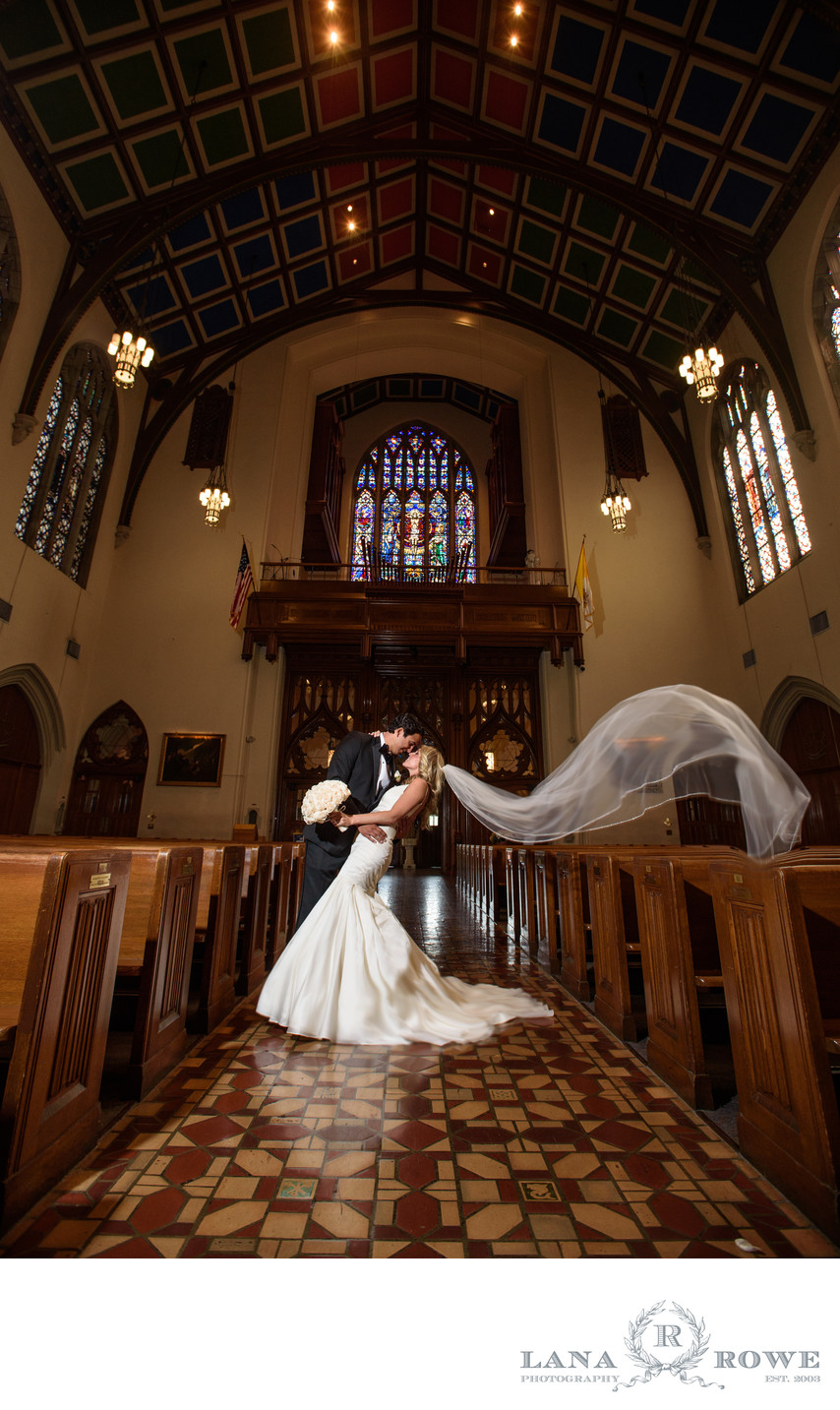 St. Agnes cathedral wedding kiss and veil