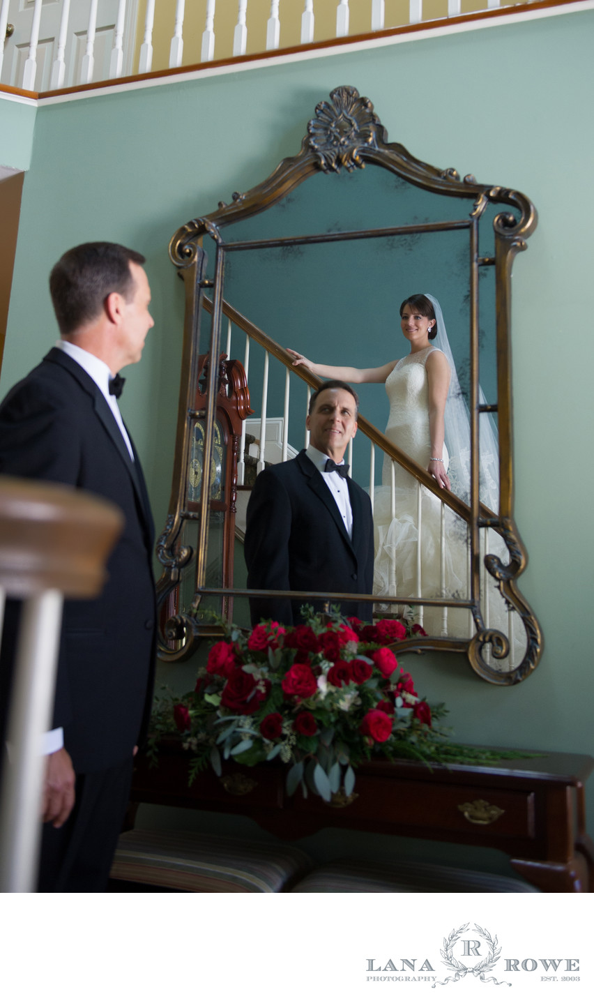 Bride and father first look Bourne Mansion