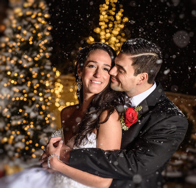 Bride and groom in snow