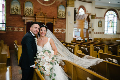St Killian church pews with Bride and Groom