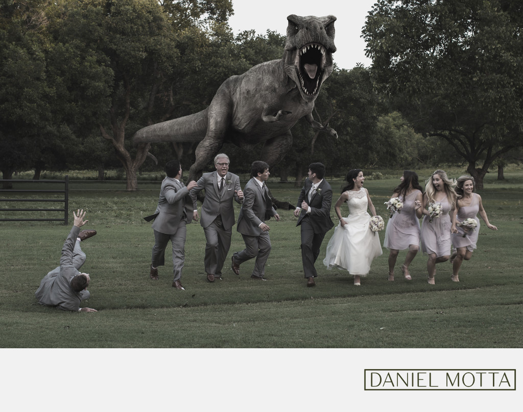 Wedding Photograph of T-Rex Chasing Bridal Party  
