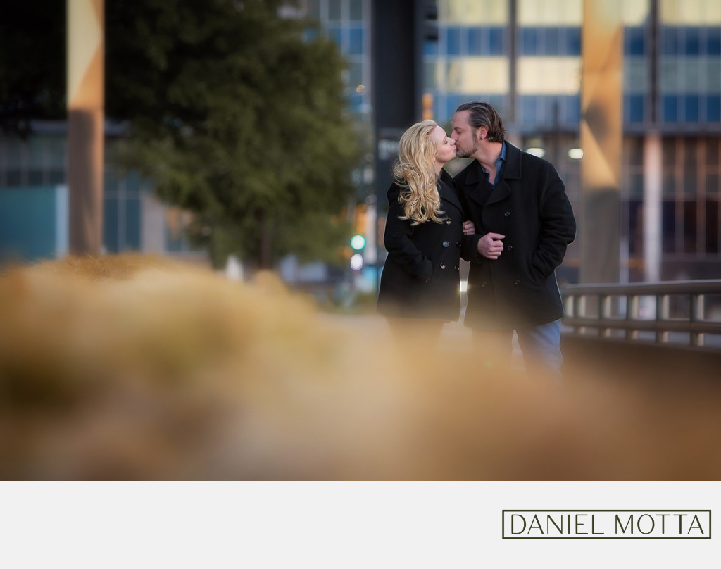 Urban Engagement Photo of Couple Kissing in Dallas