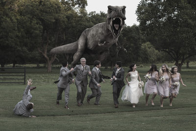 Wedding Photograph of T-Rex Chasing Bridal Party  