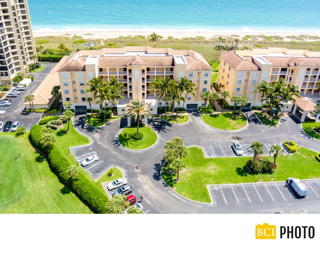 Oceanfront condo community by aerial drone coverage