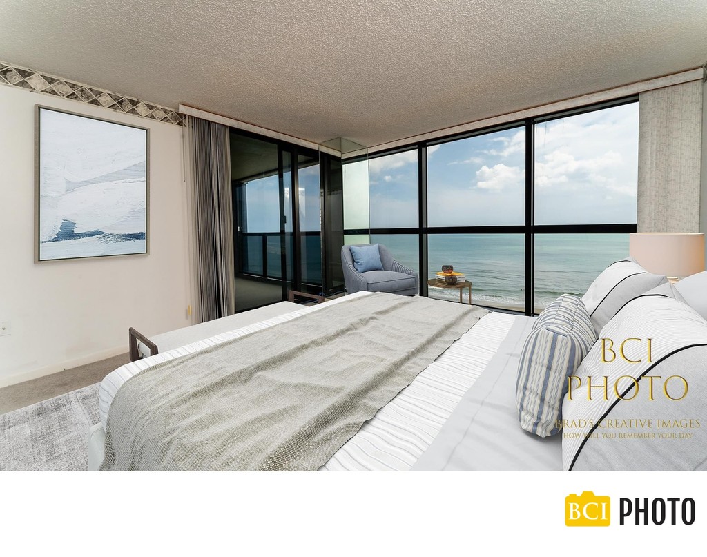 digitally furnished ocean front condo bedroom