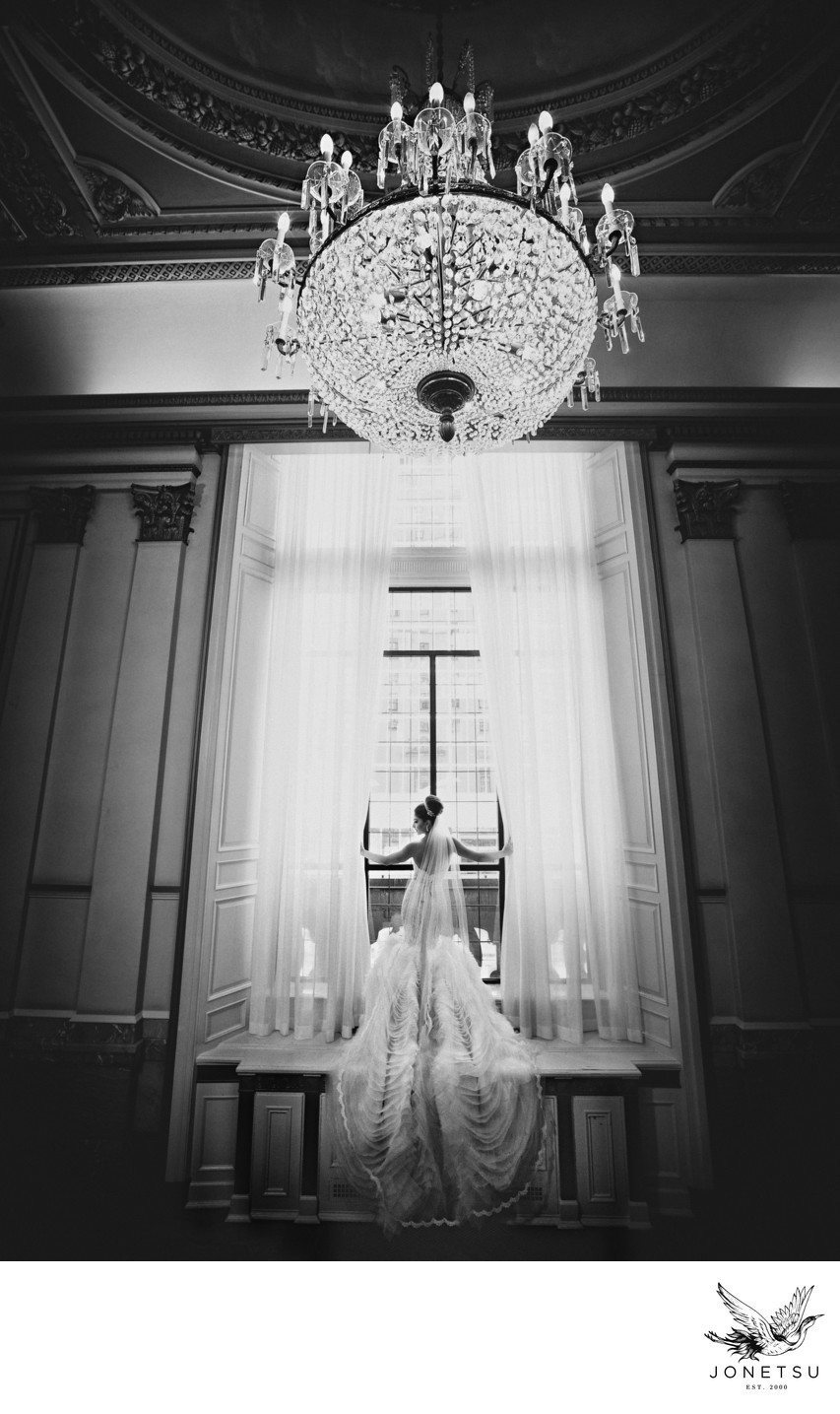 Dramatic bridal portrait in Hotel Vancouver stairway