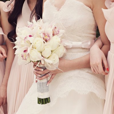 blush bridesmaids dresses and bouquet in Victoria