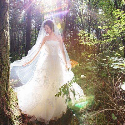 Vancouver bride portrait Vera Wang Stanley Park forest
