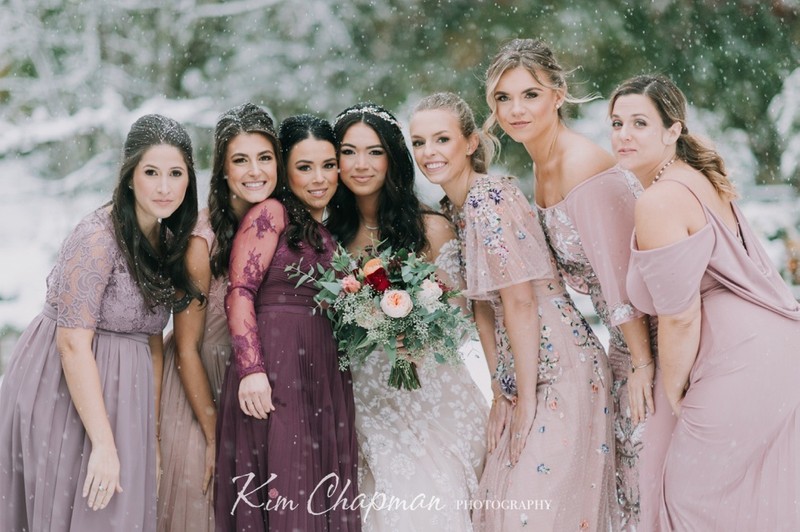 Bridesmaids in Snowy Wedding at Hardy Farm