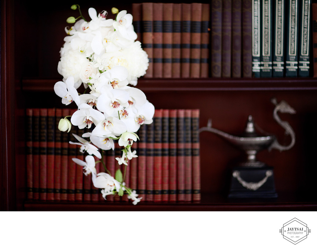 White Orchid Wedding Bouquet Book Shelf