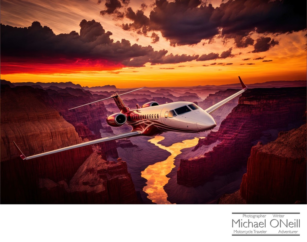 Private Jet Flying Over The Grand Canyon At Sunset