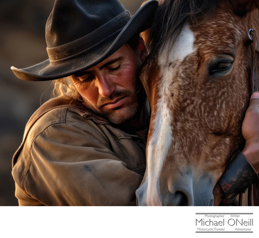 Portrait Of A Rugged Cowboy And His Loyal Horse