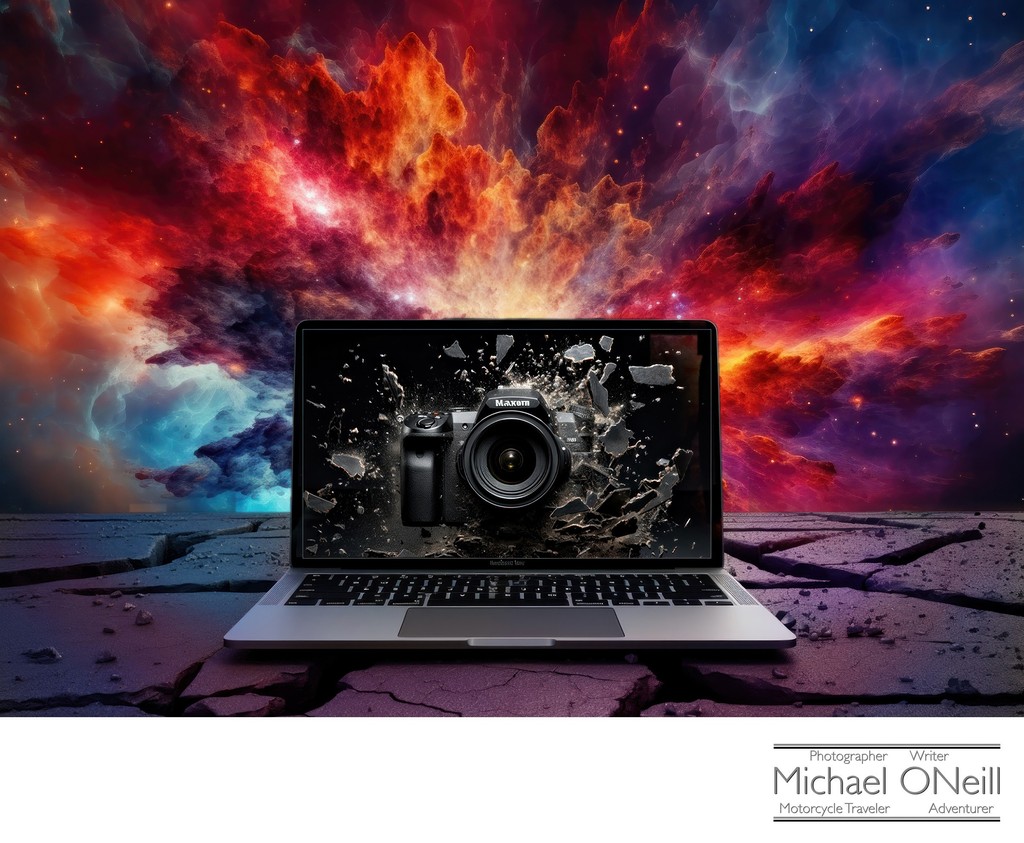 Digital Imaging Explosion • Composite Image Of Computer, Camera and Chaos